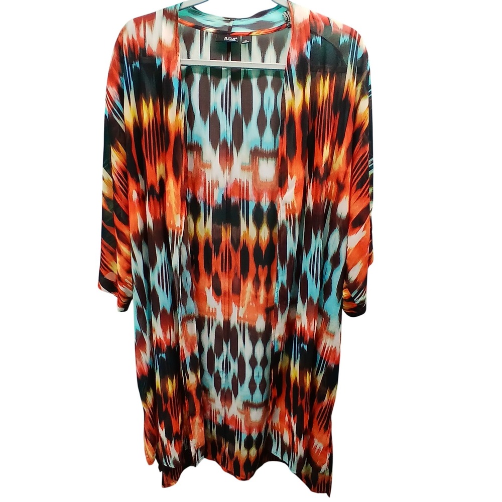 a.n.a Kimono Cardigan XL Orange Teal Ikat Abstract Sheer Boho Coverup
